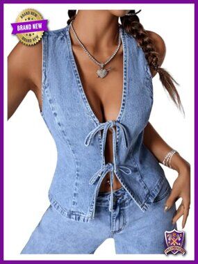 Women's Tie Front Deep V Neck Denim Vest Sleeveless Jean Jacket